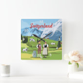 キュートカラフルとスイス漫画スケッチ スクエア壁時計 (ホーム)