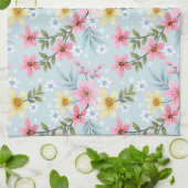 キュートカラフルとピンクの黄色の白い花柄 キッチンタオル (折り畳み)