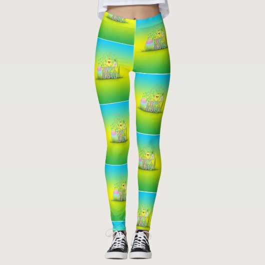 キュートカラフルイースター卵、シックなスノードロップパターン レギンス (正面)