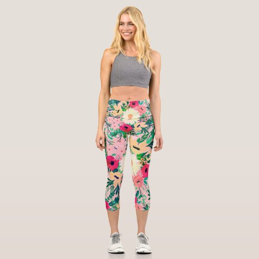 キュートカラフルウォーターカラーフローラピンクデザイン カプリレギンス (正面)