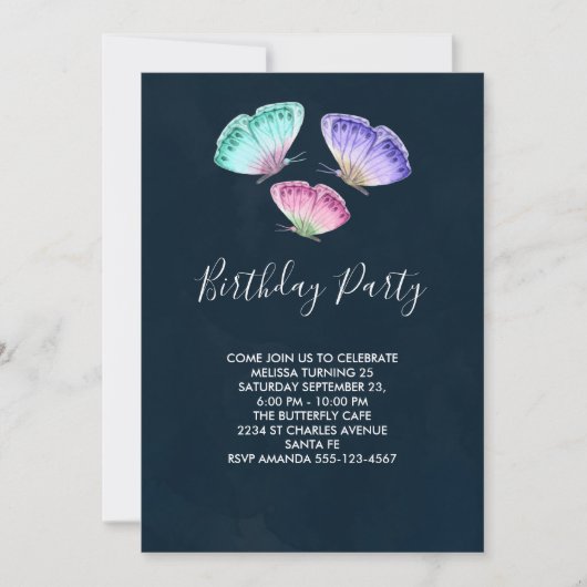 キュートカラフルウォーター色蝶誕生日 招待状 (正面)