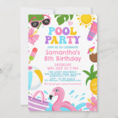 キュートカラフルガールズレトロプールパーティー誕生日 招待状 (正面)