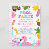 キュートカラフルガールズレトロプールパーティー誕生日 招待状 (正面/裏面)