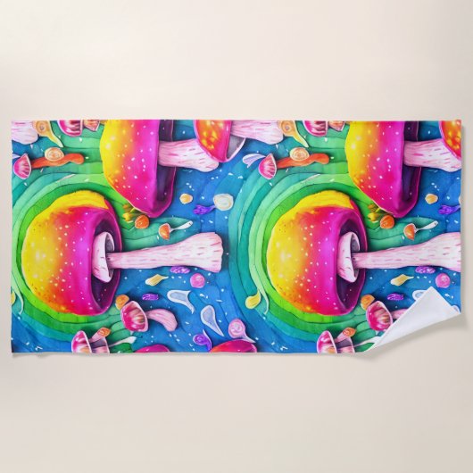 キュートカラフルキノコのシームレスなパターン ビーチタオル (正面)