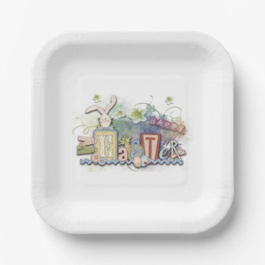 キュートカラフルハッピーイースターバニー ペーパープレート (正面)