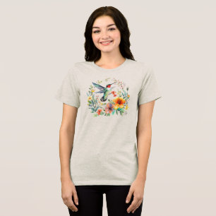 キュートカラフルハミングバードフローラリース トライブレンドTシャツ