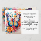 キュートカラフルバタフライハッピーバースデーパーティー 招待状 (正面/裏面)