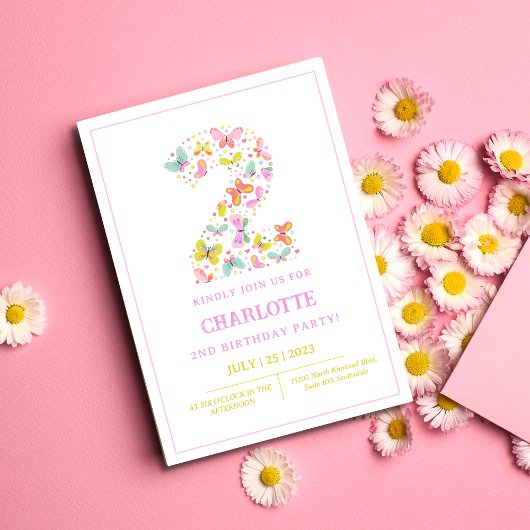 キュートカラフルバタフライ2nd誕生日招待状 招待状