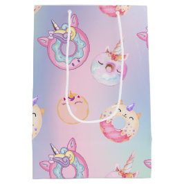 キュートカラフルパステルユニコーンレインボドーナツ ミディアムペーパーバッグ