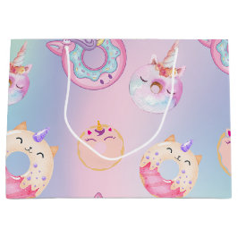 キュートカラフルパステルユニコーンレインボドーナツ ラージペーパーバッグ