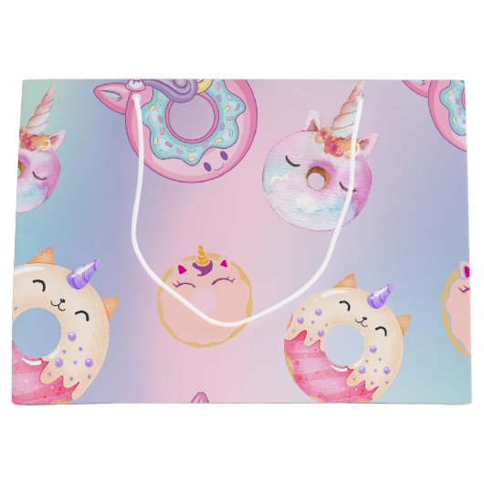 キュートカラフルパステルユニコーンレインボドーナツ ラージペーパーバッグ (正面)
