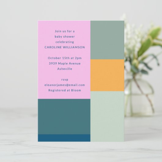 キュートカラフルピンク幾何ユニーク赤ちゃんシャワー 招待状 (スタンド正面)