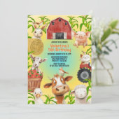 キュートカラフルファーム動物納屋周囲の庭子供の誕生日 招待状 (スタンド正面)
