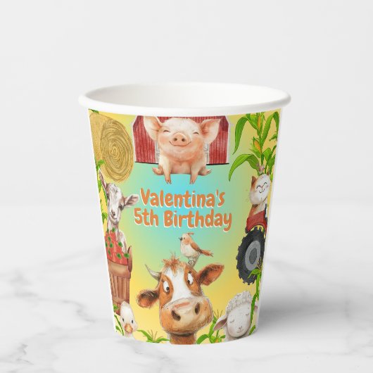 キュートカラフルファーム動物納屋周囲の庭子供の誕生日 紙コップ (正面)