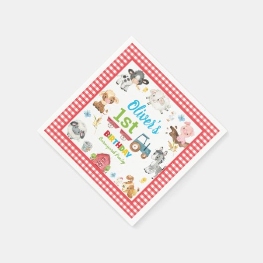 キュートカラフルファーム動物納屋周囲の庭1st誕生日 スタンダードカクテルナプキン (角)