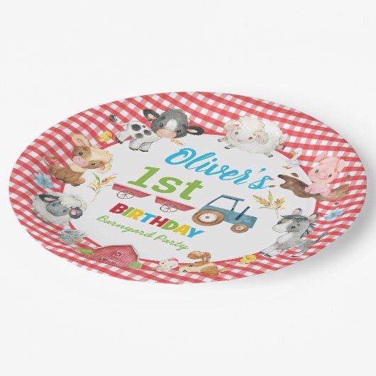 キュートカラフルファーム動物納屋周囲の庭1st誕生日 ペーパープレート (アングル)