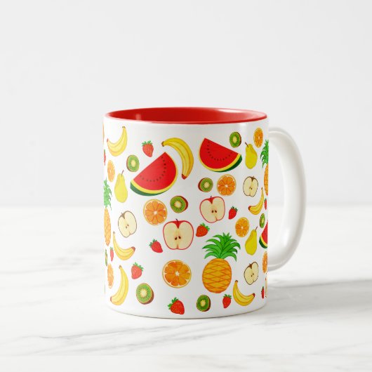 キュートカラフルフルーツ模様食品ベジタリアンビーガン ツートーンマグカップ (正面右)