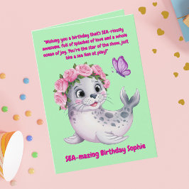 キュートカラフルフローラシーライオンガーリー子供の誕生日 カード