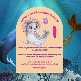 キュートカラフルフローラシーライオンガーリー子供の誕生日 招待状