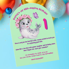 キュートカラフルフローラシーライオンガーリー子供の誕生日 招待状