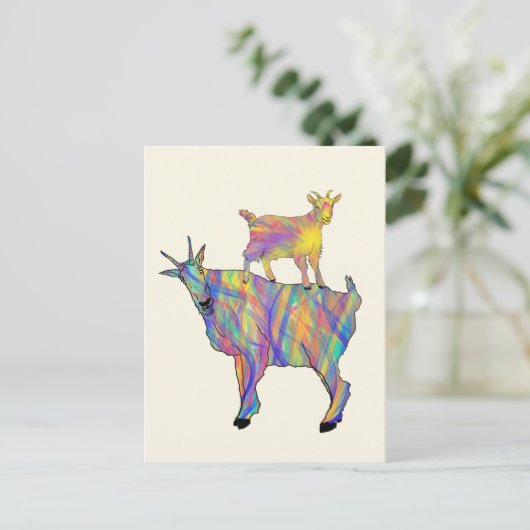 キュートカラフルヤギサイケデリックファーム動物アート ポストカード (スタンド正面)