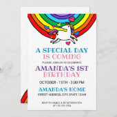 キュートカラフルレインボーユニコーン1歳の誕生日パーティー 招待状 (正面/裏面)