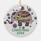 キュートカラフルレトロフローラ象イラストレーション セラミックオーナメント (裏面)