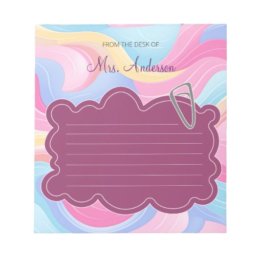 キュートカラフル先生ネームレインボーパステルウェーブズ ノートパッド (正面)