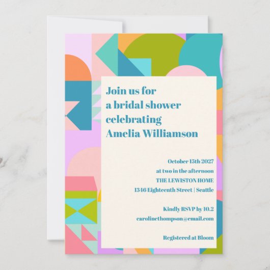 キュートカラフル幾何お洒落ブライダルシャワー 招待状 (正面)