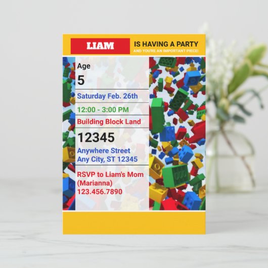 キュートカラフル建物ブリック誕生日 招待状 (スタンド正面)