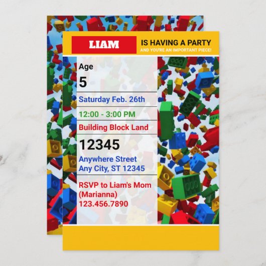 キュートカラフル建物ブリック誕生日 招待状 (正面/裏面)