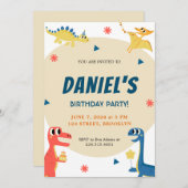 キュートカラフル恐竜イラストレーション子供の誕生日 招待状 (正面/裏面)