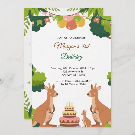 キュートカンガルーパーティー誕生日招待状 招待状 (正面/裏面)