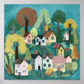 キュートカントリービレッジティール(緑がかった色)カラフルウォーターカラーアート ポスター (正面)