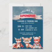 キュートカートゥーンスーパーヒーローファースト誕生日 招待状 (正面)