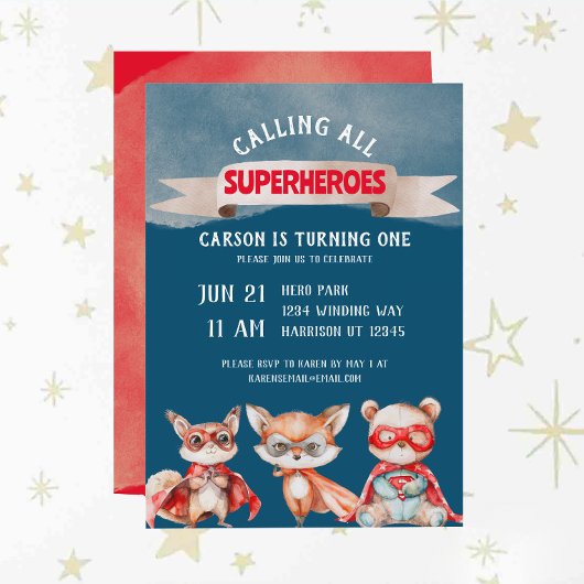 キュートカートゥーンスーパーヒーローファースト誕生日 招待状