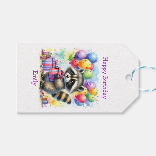 キュートカートゥーンラクーン誕生日 パーソナライズされた ギフトタグ (正面(横))