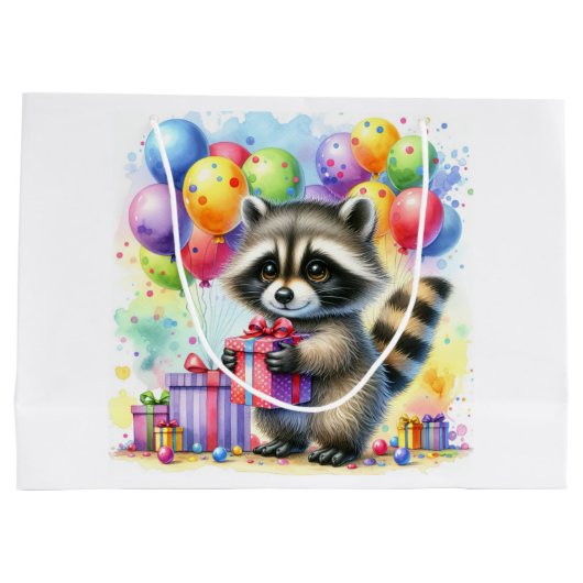 キュートカートゥーンラクーン誕生日 パーソナライズされた ラージペーパーバッグ (裏面)