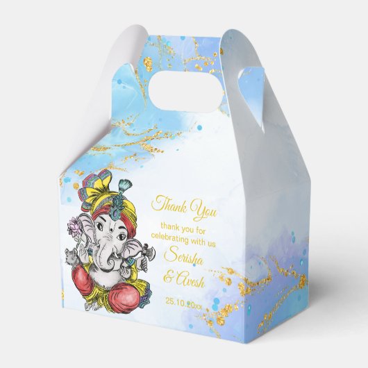 キュートガネシャブルー金ゴールドインディアン結婚式の引き出物 フェイバーボックス (正面サイド)