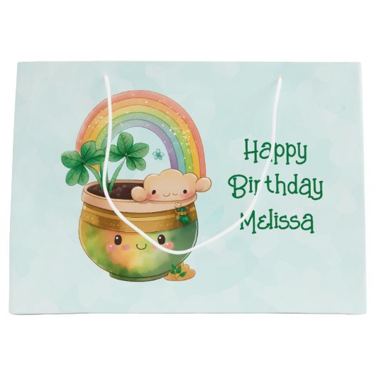 キュートガーデンプランターとレインボー&クローバー誕生日 ラージペーパーバッグ (正面)