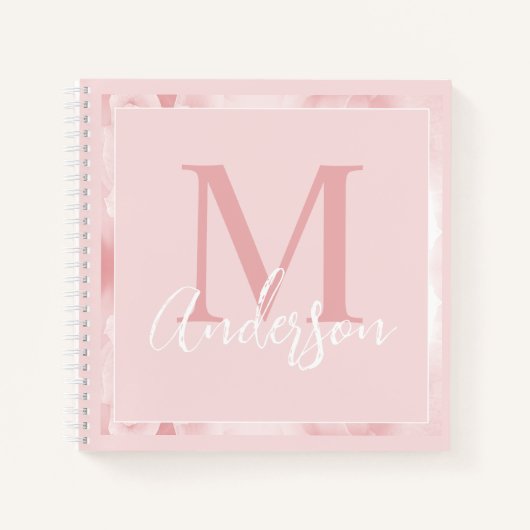 キュートガーリーかわいらし赤面ピンクフローラモノグラム ノートブック (正面)