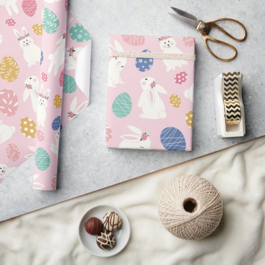 キュートガーリーイースターバニーモダンピンクフローラ卵 ラッピングペーパー (クラフト)