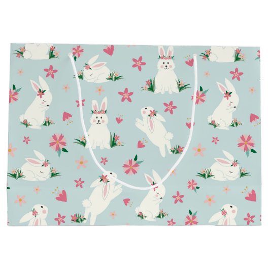 キュートガーリーイースターバニーモダンピンクフローラ ラージペーパーバッグ (裏面)