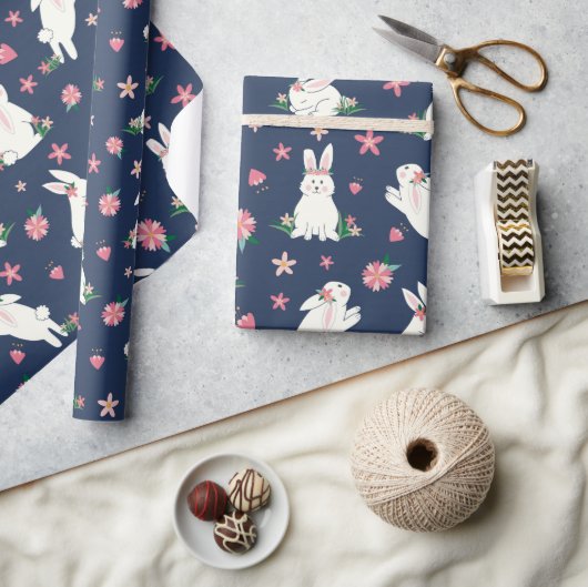 キュートガーリーイースターバニーモダンラビットブルーピンク ラッピングペーパー (クラフト)