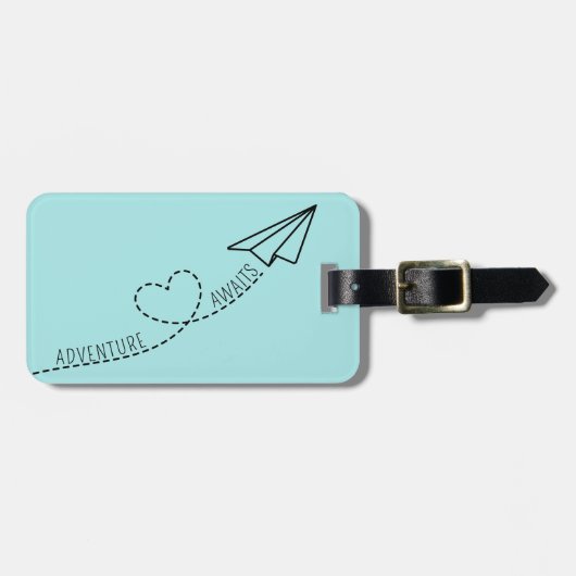 キュートガーリーハート紙飛行機アドベンチャーアワイトブルー ラゲッジタグ (正面横)