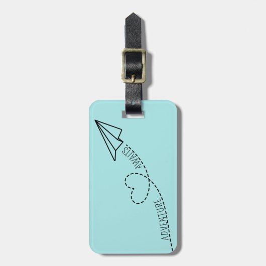 キュートガーリーハート紙飛行機アドベンチャーアワイトブルー ラゲッジタグ (正面縦)