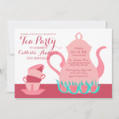キュートガーリーピンクティール（緑がかった色）フローラティーパーティー誕生日 招待状 (正面)