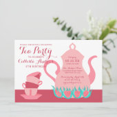 キュートガーリーピンクティール（緑がかった色）フローラティーパーティー誕生日 招待状 (スタンド正面)