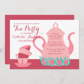 キュートガーリーピンクティール（緑がかった色）フローラティーパーティー誕生日 招待状 (正面/裏面)