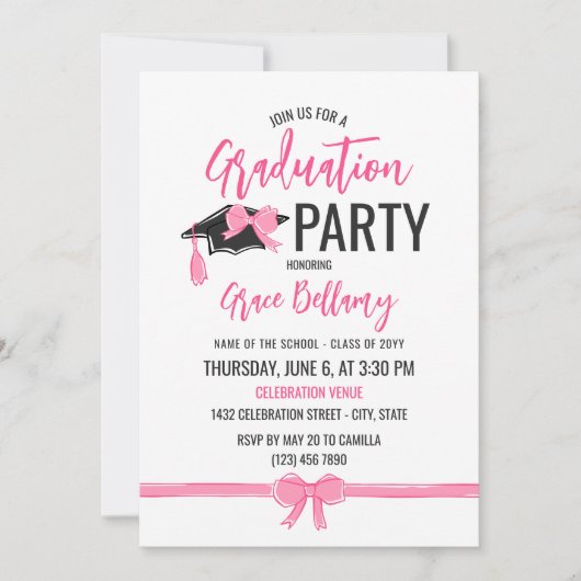 キュートガーリーピンクボウズ卒業お祝い 招待状 (正面)
